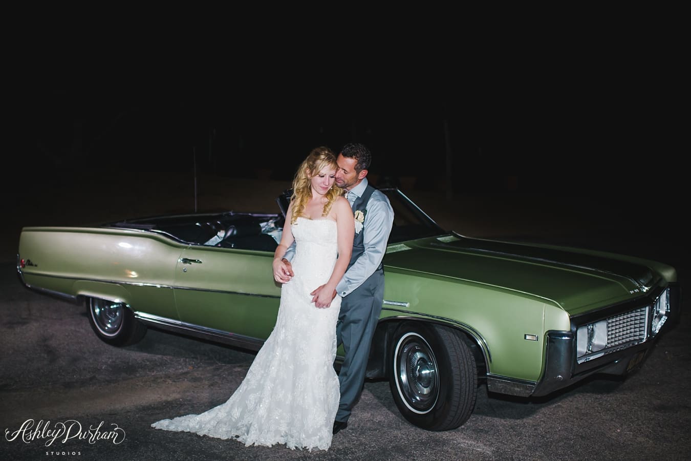 OCF wedding couple picture, bride and groom with vintage car