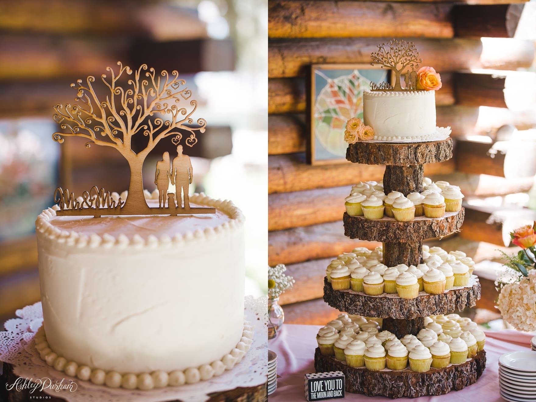 Inn at Fawnskin Wedding, Fawnksin Wedding, Big Bear Lake Wedding, cake cutting, lemon wedding cake, rustic wedding cake picture, cake stand made of wood, cake stand made from a tree
