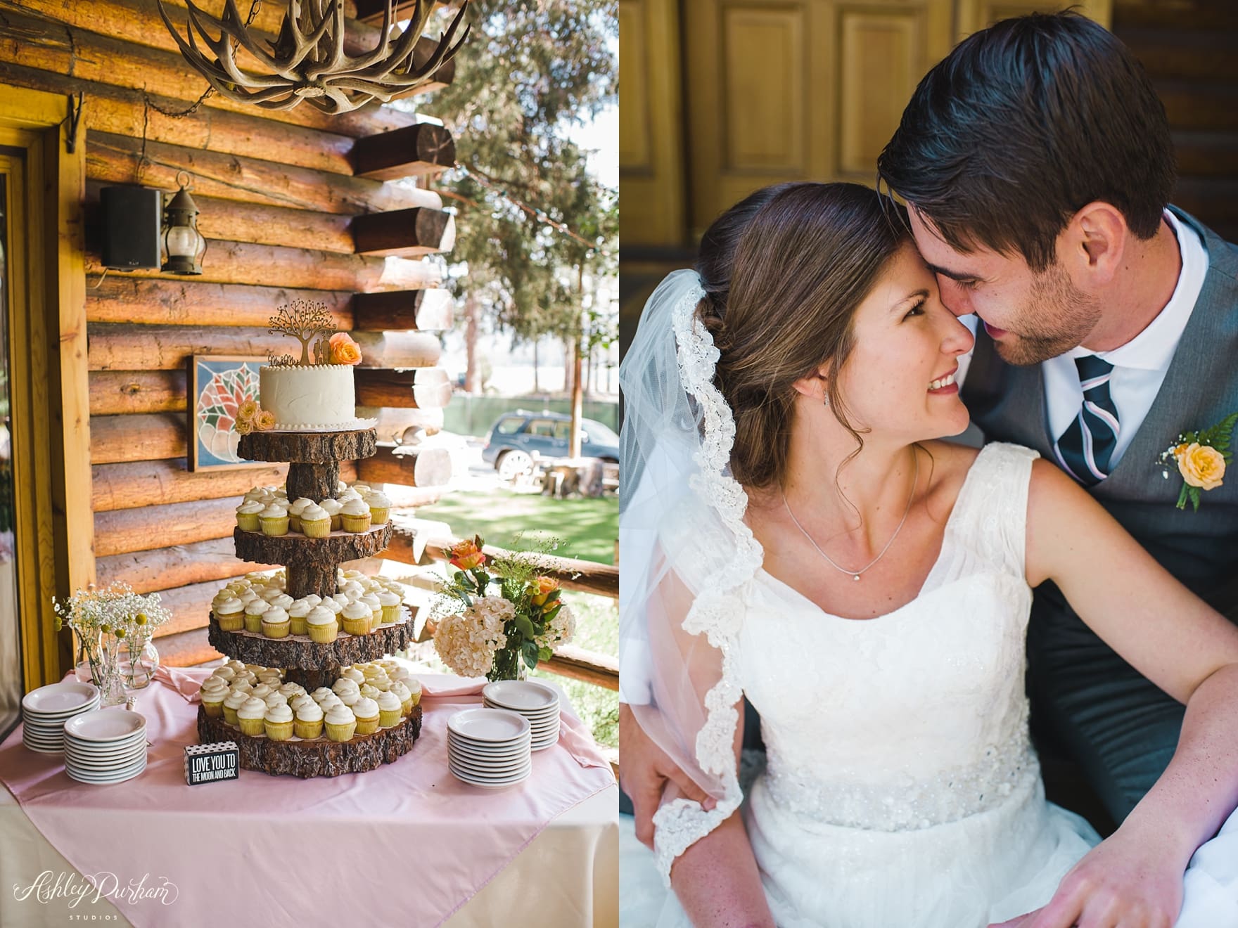 Inn at Fawnskin Wedding, Fawnksin Wedding, Big Bear Lake Wedding, cake cutting, lemon wedding cake, rustic wedding cake picture, cake stand made of wood, cake stand made from a tree