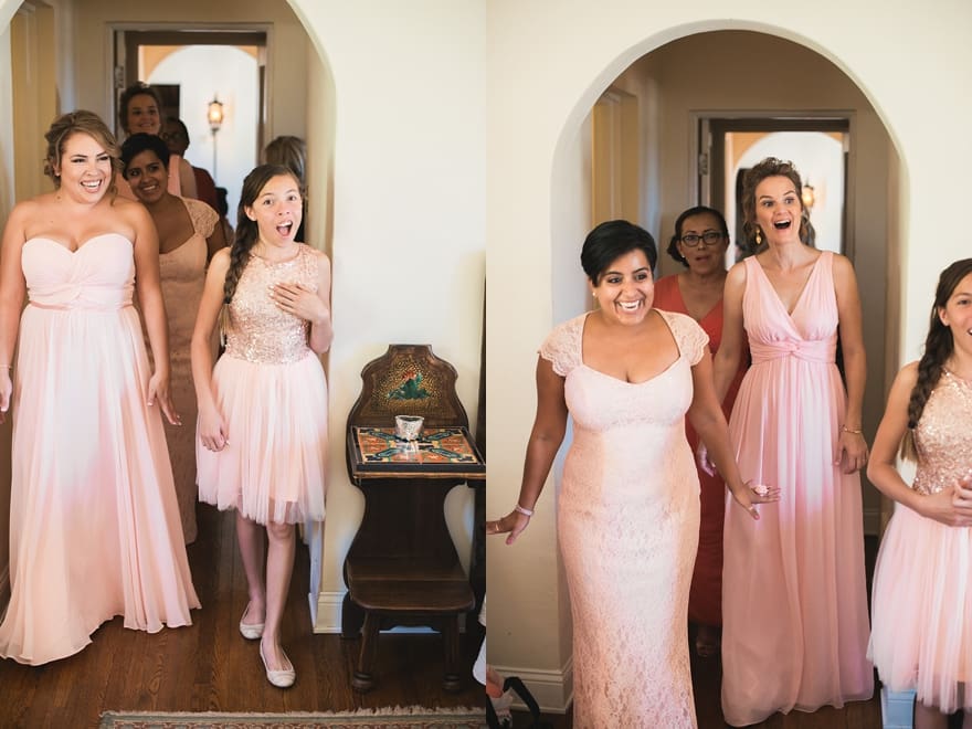first look with bridesmaids, mixed pink bridesmaid dresses