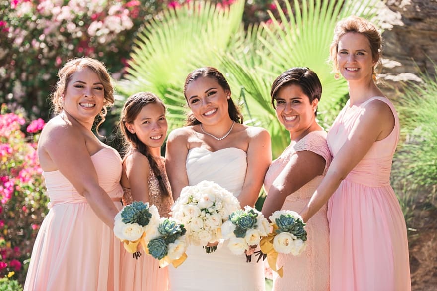 mixed pink bridesmaid dresses, white bouquets with succulents, durable wedding bouquets