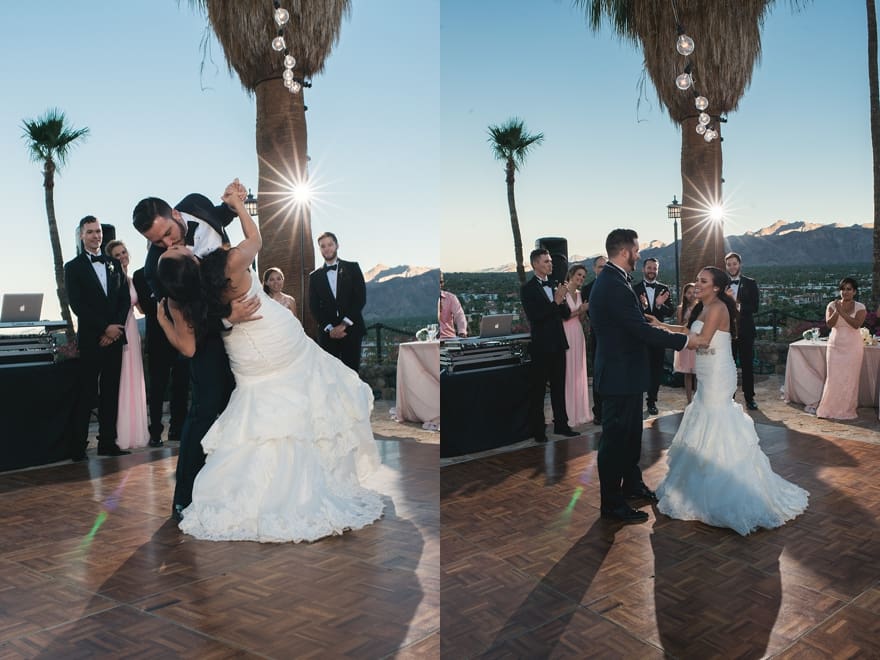 first dance, off camera flash, OCF, dip and kiss, o'donnell house, palm springs wedding