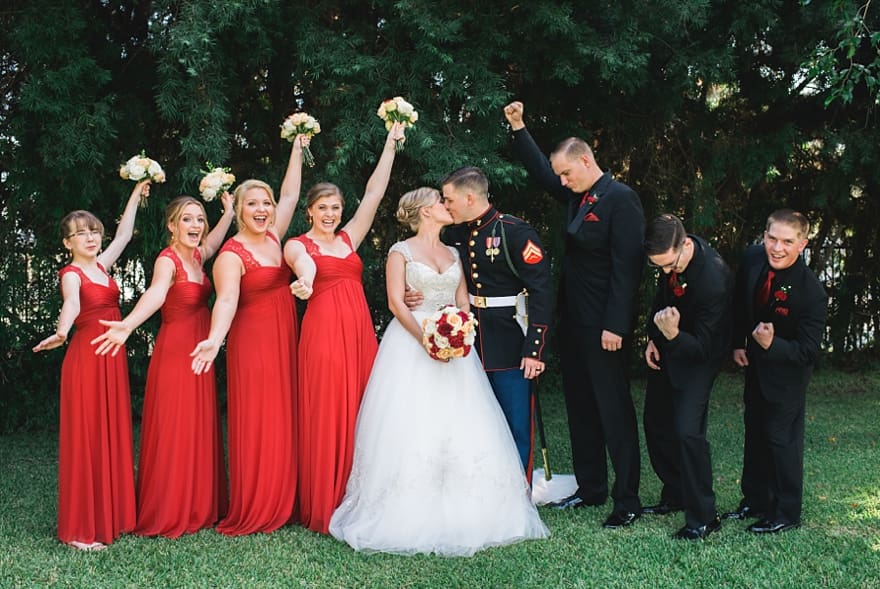 red and black wedding, red and black military wedding, marine corps wedding, marine corps color wedding, griffith house wedding, fun wedding shots, fun wedding party photos, wedding party posing ideas