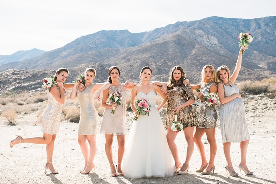 palm springs wedding, gold and black wedding, gold and pink wedding, desert wedding, palm springs florist, bridesmaid pose