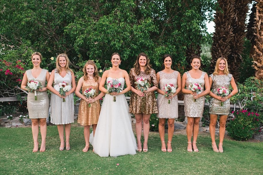 spencers palm springs wedding, randy and ashley weddings, spencers wedding, palm springs florist, gold sequins bridesmaid dresses