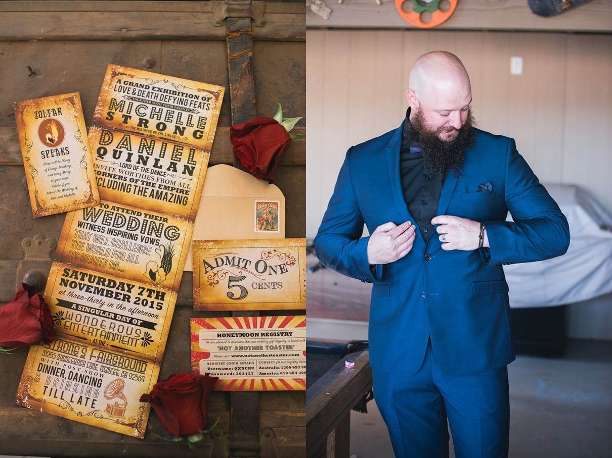 carnival wedding invitation, vintage wedding invitation, circus wedding, jaqi quinlan, navy blue suit, groom with an awesome beard