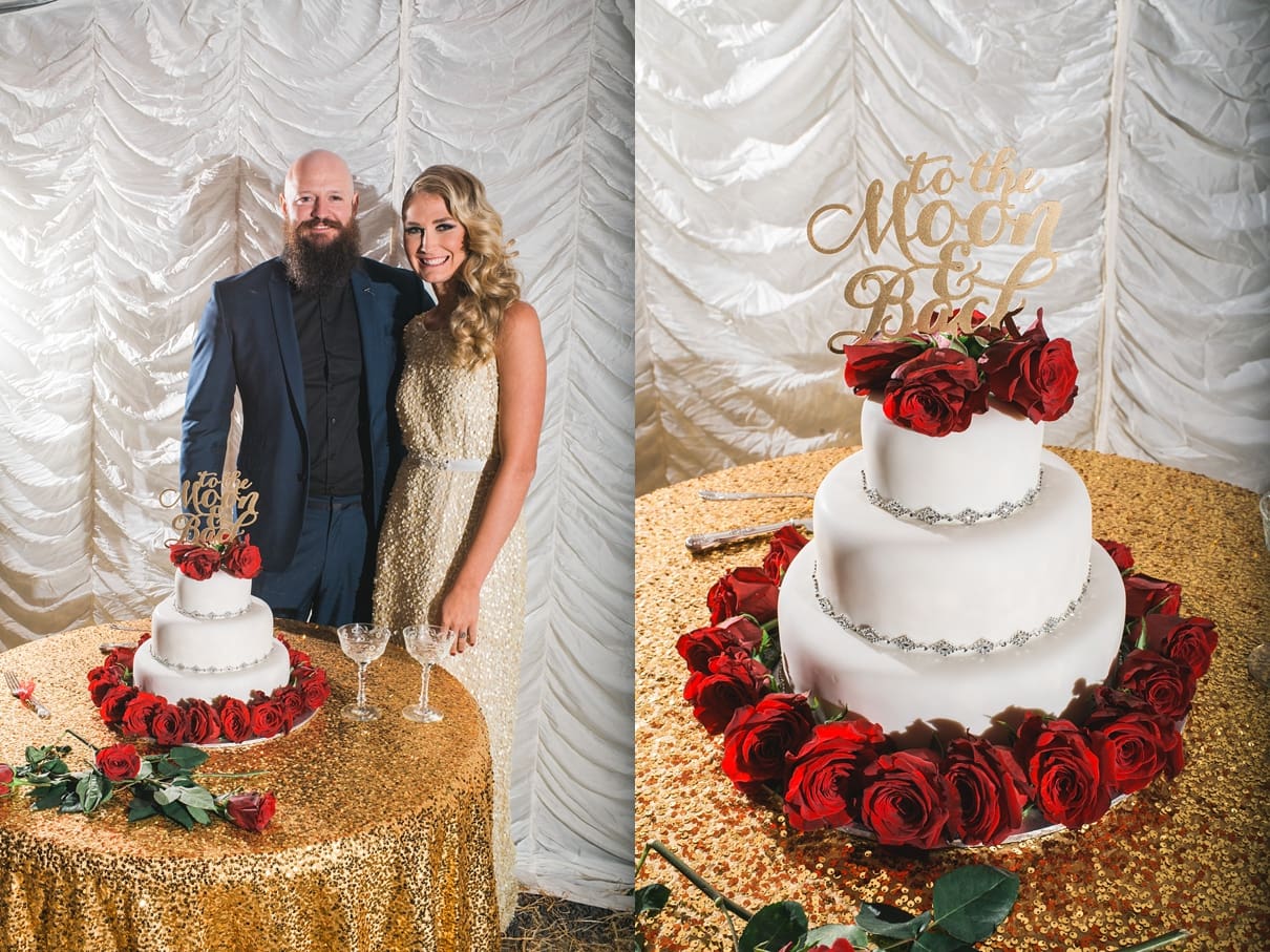 gold sequin cake table, white fondant cake with flowers, to the moon and back cake topper, circus wedding