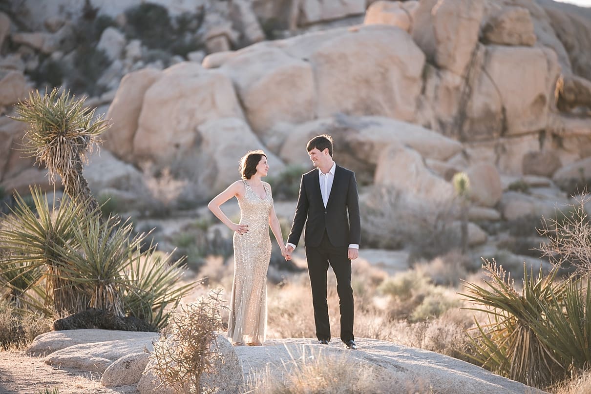 joshua tree photographer, gold dress, desert couples session, southern california desert wedding photographer