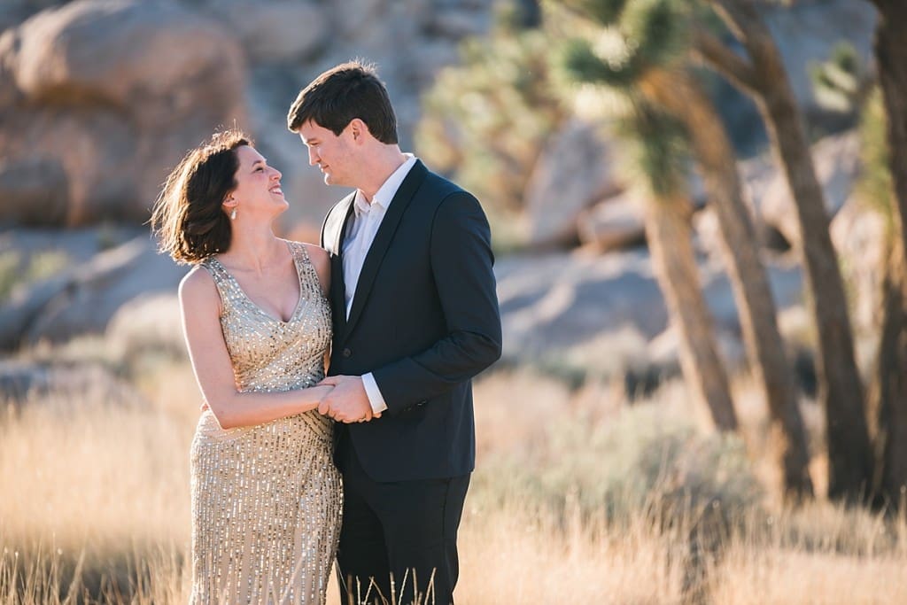 joshua tree photographer, gold dress, desert couples session, southern california desert wedding photographer 