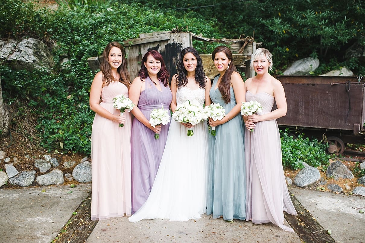 mismatched bridesmaid dresses, soft color palette for bridesmaids, green mountain ranch wedding