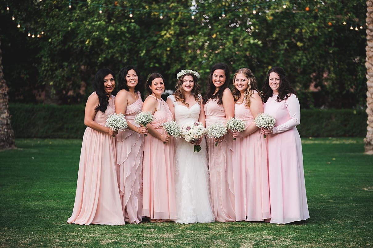 pink hued bridal party, bridesmaids in different shades of pink, babies breath bridesmaid bouquet, my little flower shop bouquet palm springs