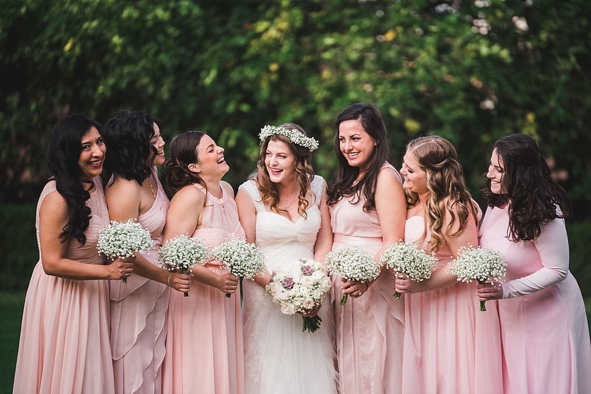 pink hued bridal party, bridesmaids in different shades of pink, babies breath bridesmaid bouquet, my little flower shop bouquet palm springs
