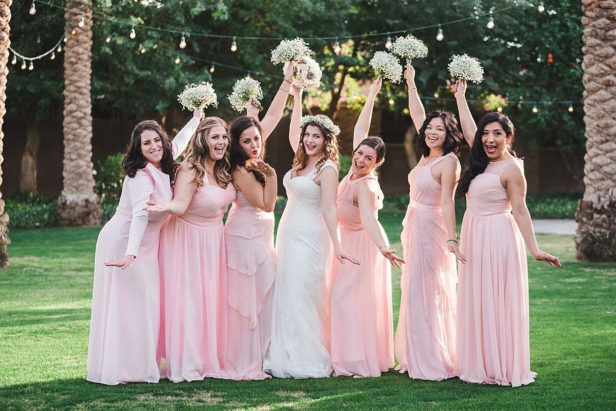pink hued bridal party, bridesmaids in different shades of pink, babies breath bridesmaid bouquet, my little flower shop bouquet palm springs, fun bridesmaid poses