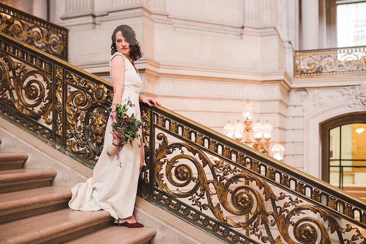 san francisco city hall wedding, bride on grand staircase