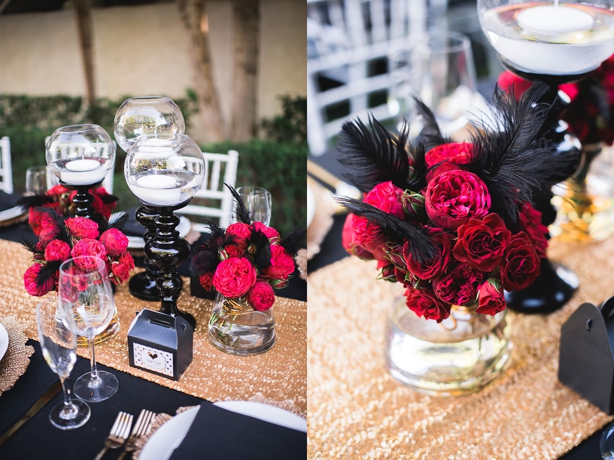 Avalon Palm Springs Wedding, Avalon Hotel Wedding, Randy and Ashley, artisan events, black and gold wedding, red and black wedding, gold table runner, gold charger, floating candles, family style reception