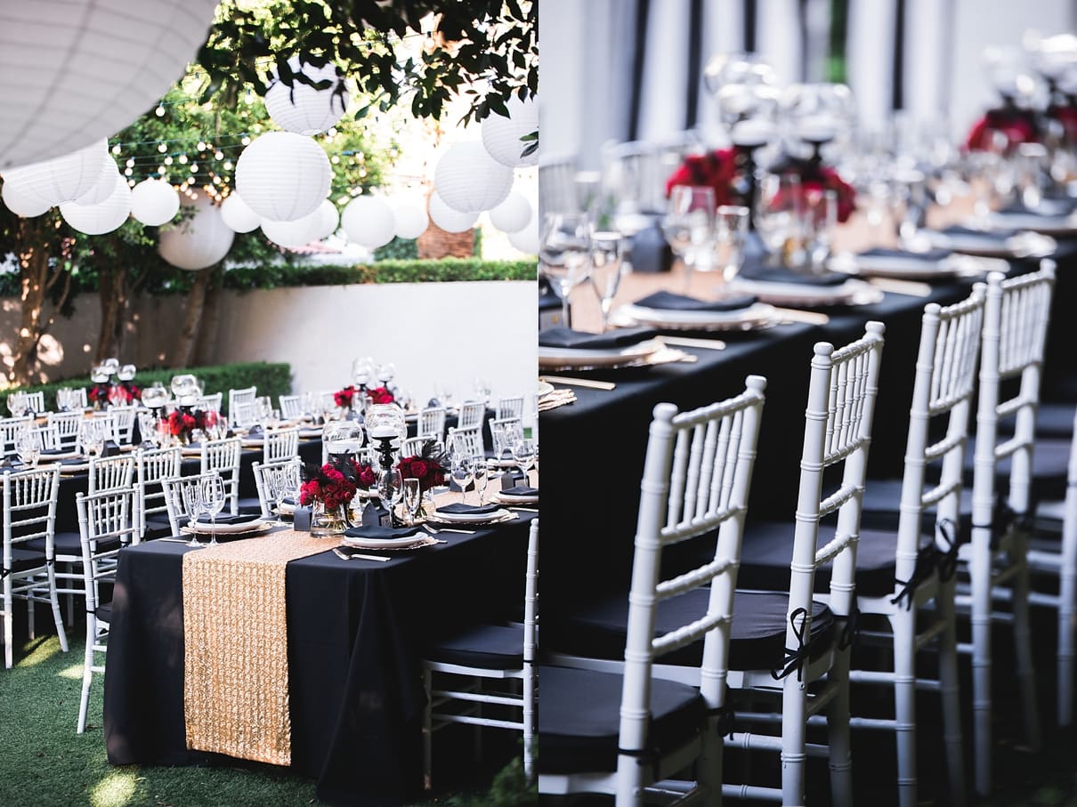 Avalon Palm Springs Wedding, Avalon Hotel Wedding, Randy and Ashley, artisan events, black and gold wedding, red and black wedding, gold table runner, gold charger, floating candles, family style reception