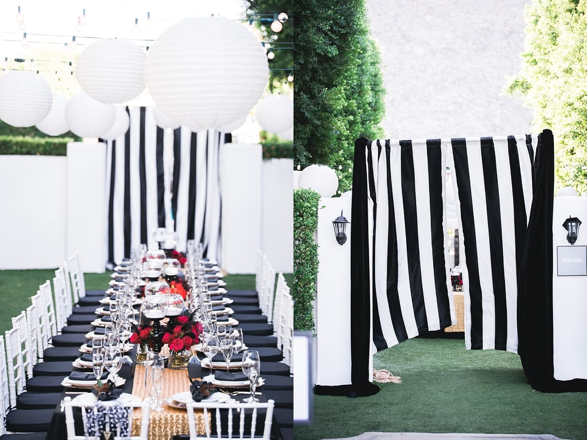 Avalon Palm Springs Wedding, Avalon Hotel Wedding, Randy and Ashley, artisan events, black and gold wedding, red and black wedding, gold table runner, gold charger, floating candles, family style reception, black and white stripes
