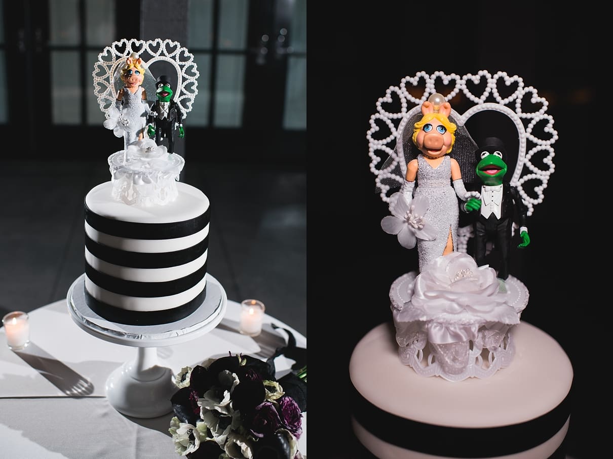 avalon hotel wedding palm springs, over the rain bakery palm springs, roman blas, palm springs wedding cake, black and white wedding cake, wedding cake with stripes, kermit and miss piggy cake toppers