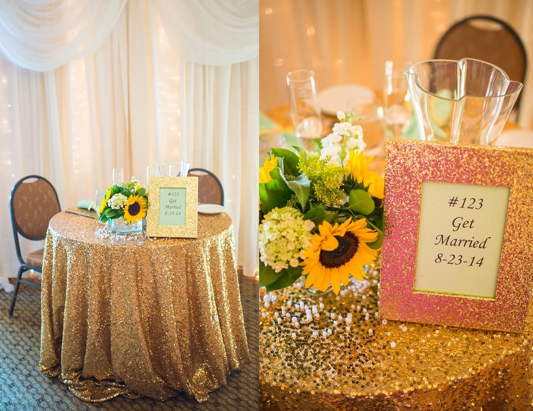 wedding reception seating options, sweetheart table for wedding reception, gold glitter sweetheart table