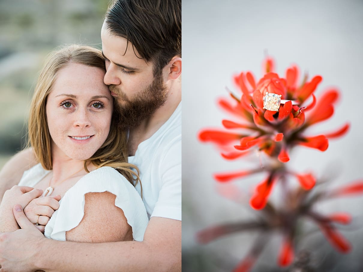 red wildflowers with engagement ring, protected engagement poses