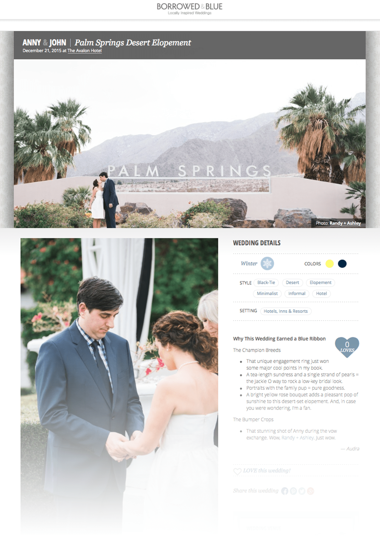 featured on borrowed and blue, palm springs wedding, avalon hotel wedding, palm springs elopement
