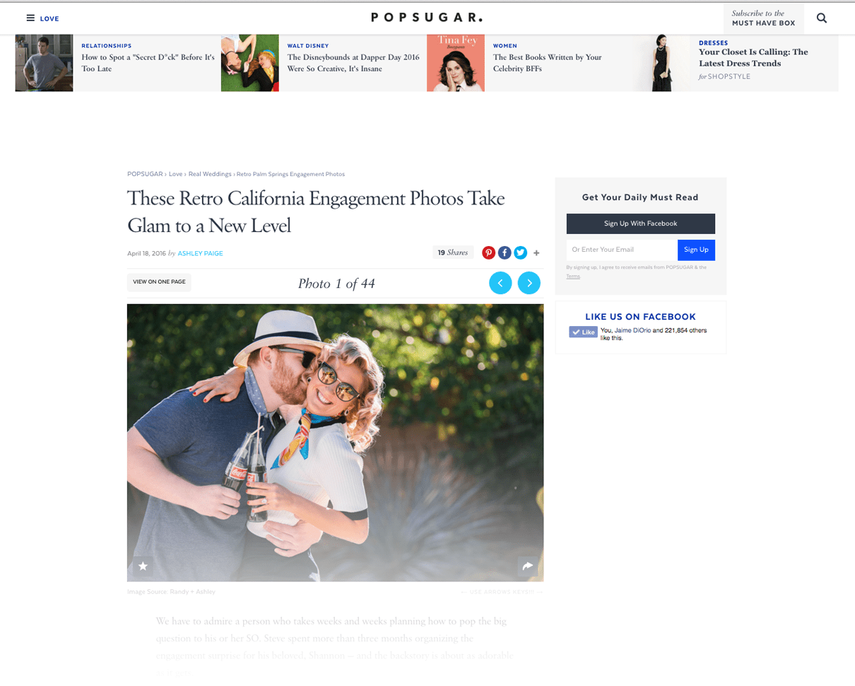 50s glam engagement session, styled engagement session, featured on popsugar