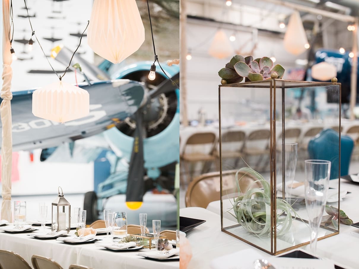 lanterns for wedding reception, table place settings, airplane hangar wedding