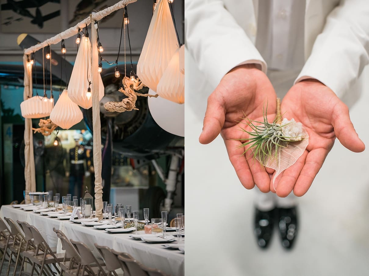 air plant boutonniere, hanging lanterns and lights for wedding reception