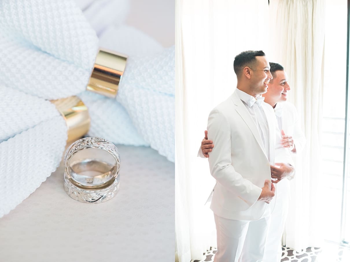 two grooms getting ready, michael costello bow ties