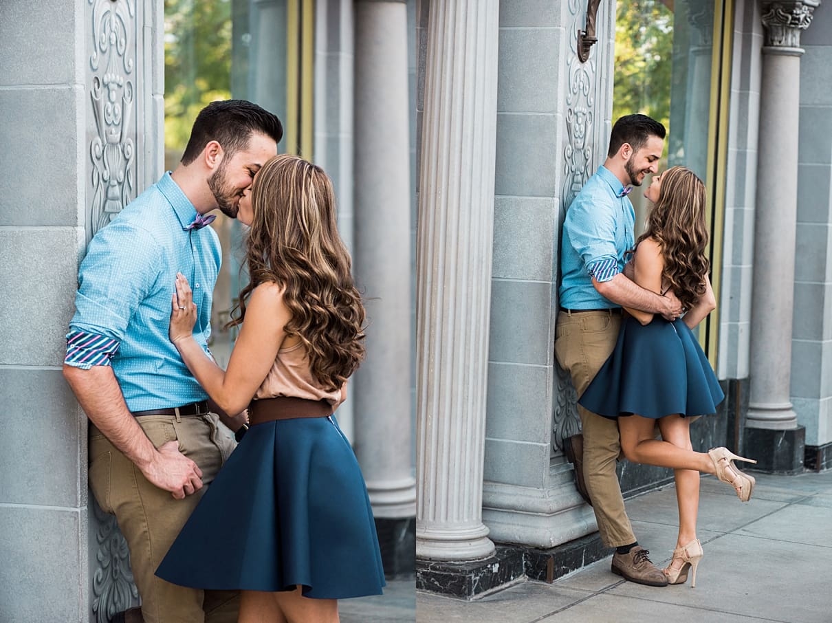 what to wear for engagement photos, blue and tan engagement session outfits