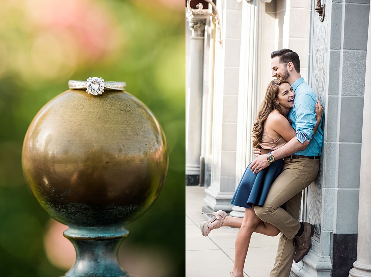 what to wear for engagement photos, blue and tan engagement session outfits