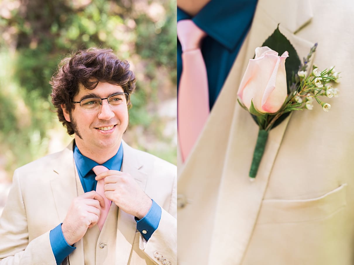 pink rose bout, pink rose and tie, tan and blue suits for groom