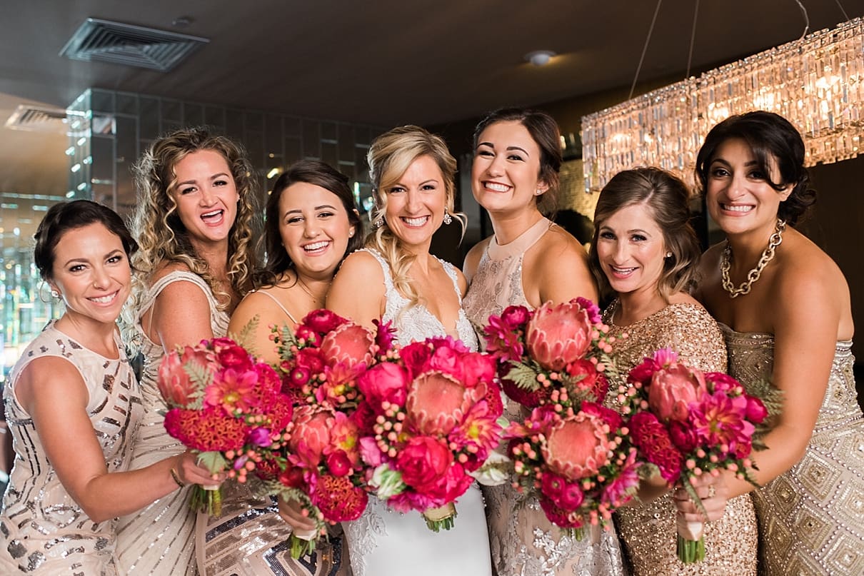 palm springs wedding, metallic bridesmaids dresses, lotus and lilly flowers
