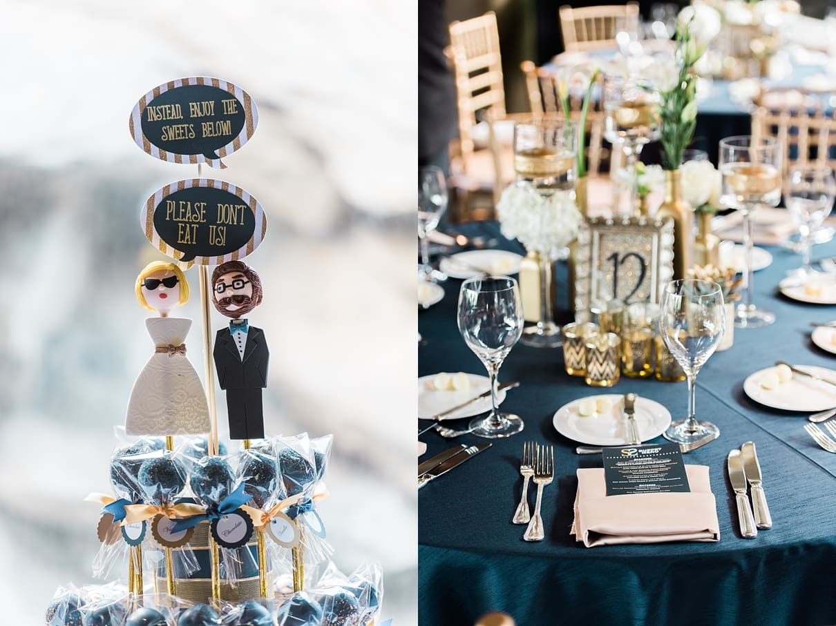 navy blue and gold wedding reception decor, spencers restaurant wedding, palm springs wedding