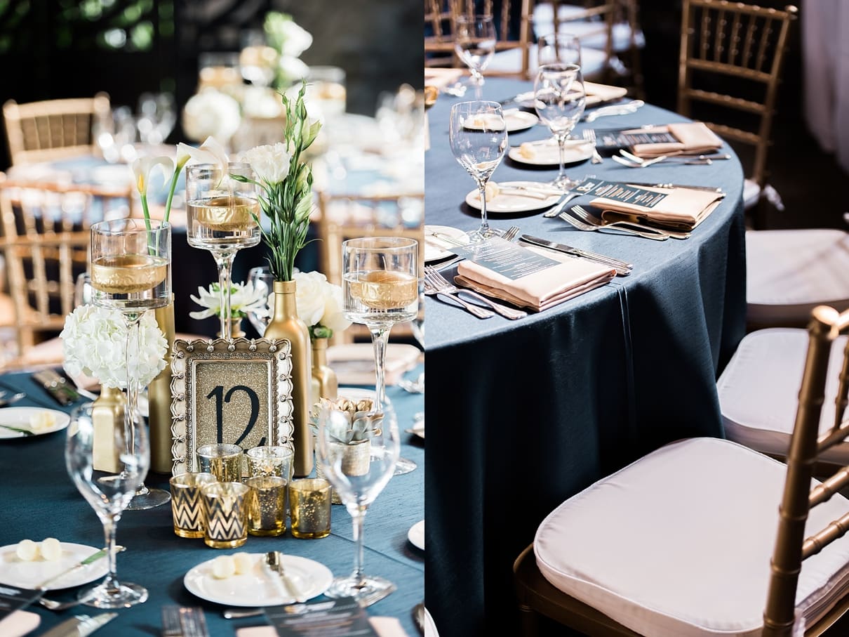 navy blue and gold wedding reception decor, spencers restaurant wedding, palm springs wedding