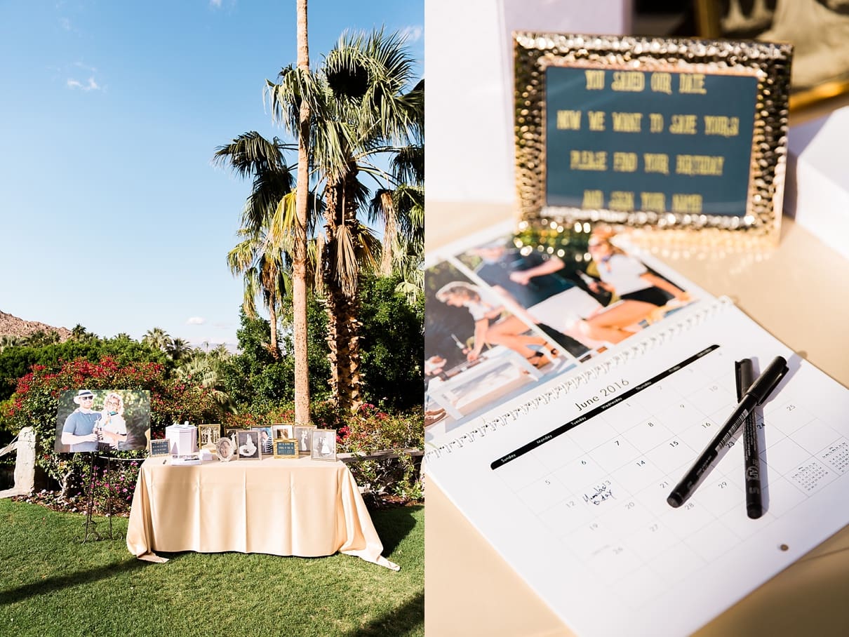 spencers restaurant wedding, outdoor palm springs wedding, calendar guest sign book