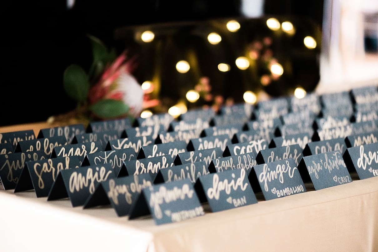 navy blue and gold wedding reception, calligraphy place cards, sarah bond calligraphy