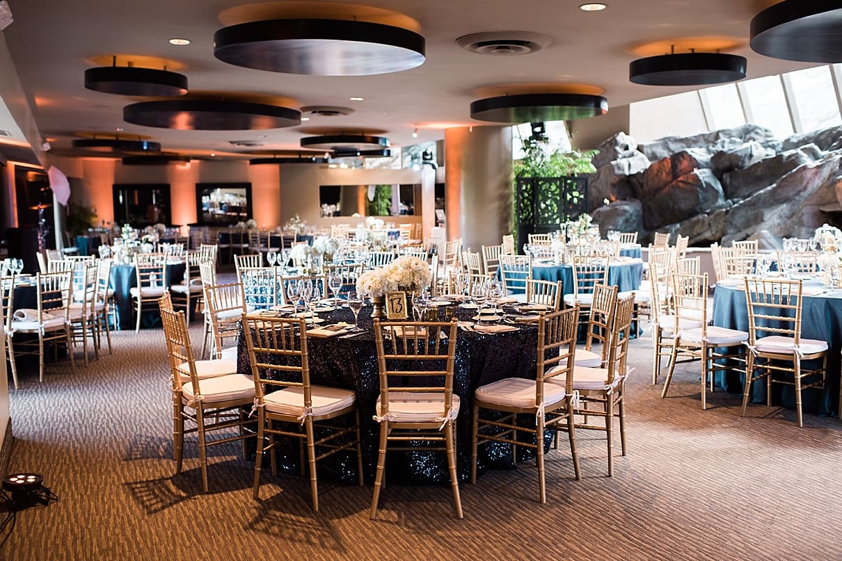 navy blue and gold wedding reception, spencers restaurant palm springs wedding reception