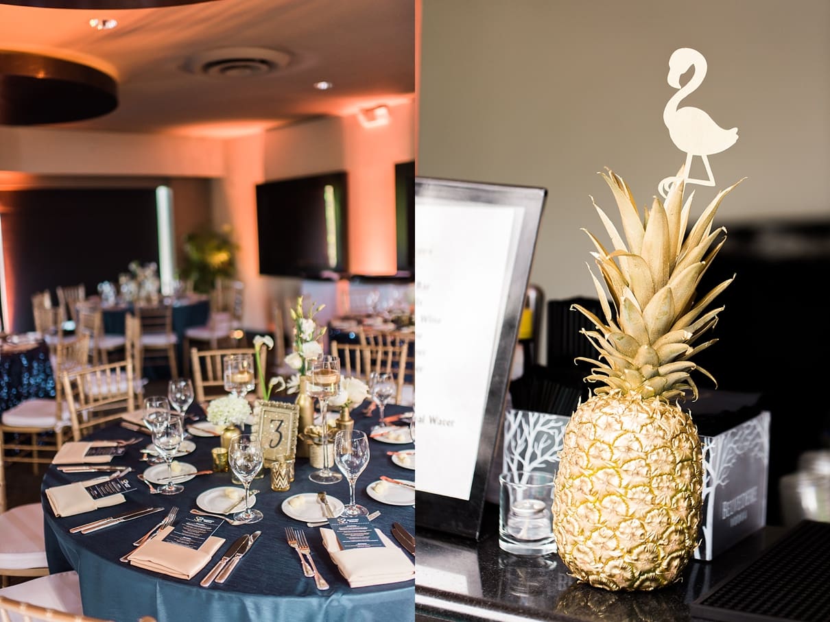 navy blue and gold wedding reception, spencers restaurant palm springs wedding reception, gold pineapple weddings