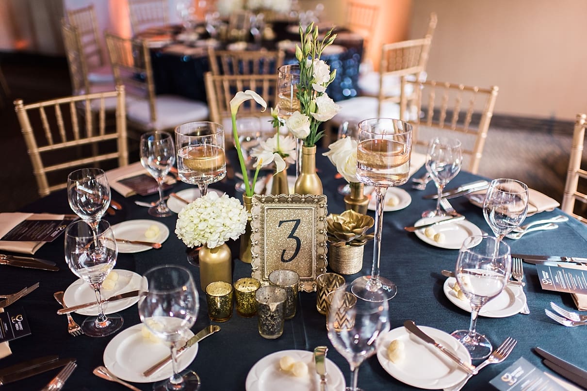 navy blue and gold wedding reception, spencers restaurant palm springs wedding reception