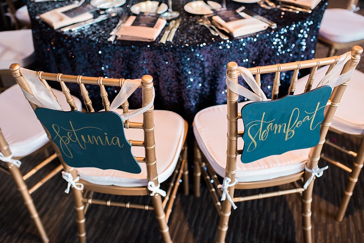 sarah bond calligraphy, navy blue and gold wedding reception, spencers restaurant palm springs wedding reception