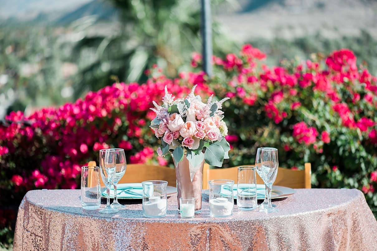 blush roses, gold sequin tablescapes