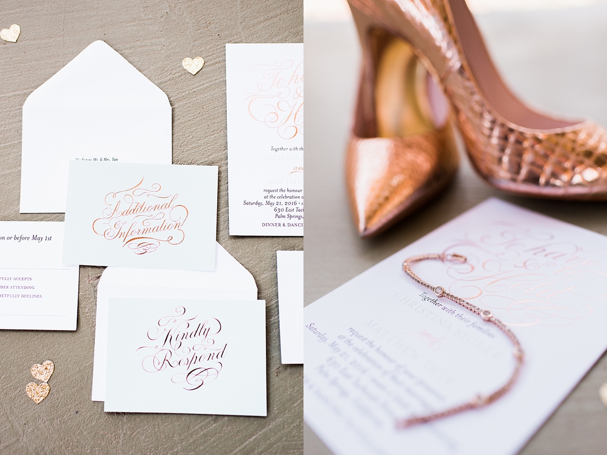 gold foil wedding invitation suite, rose gold heels