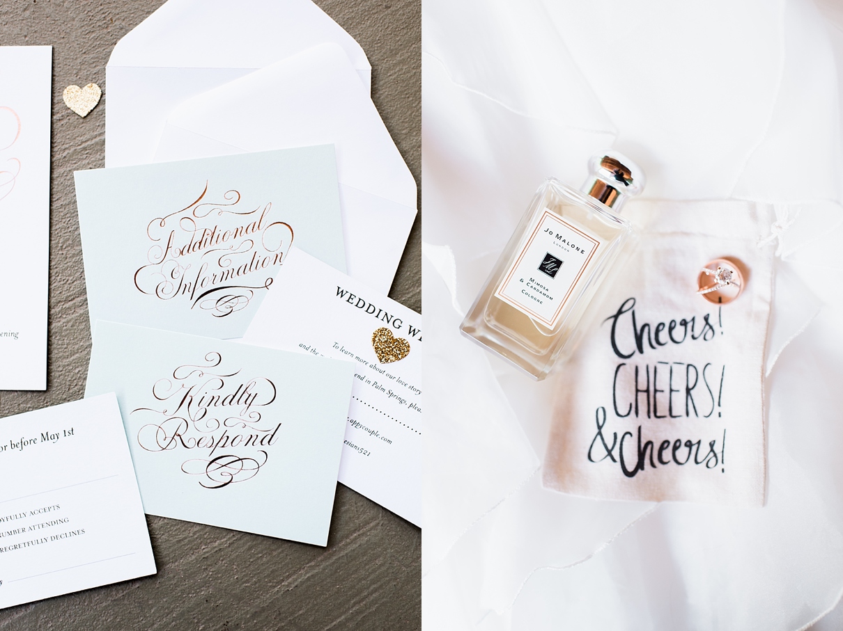 gold foil wedding invitation suite, cheers bag