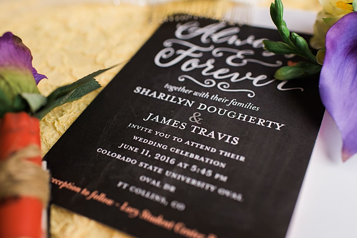 Fort Collins wedding photographer, chalkboard style wedding invitation