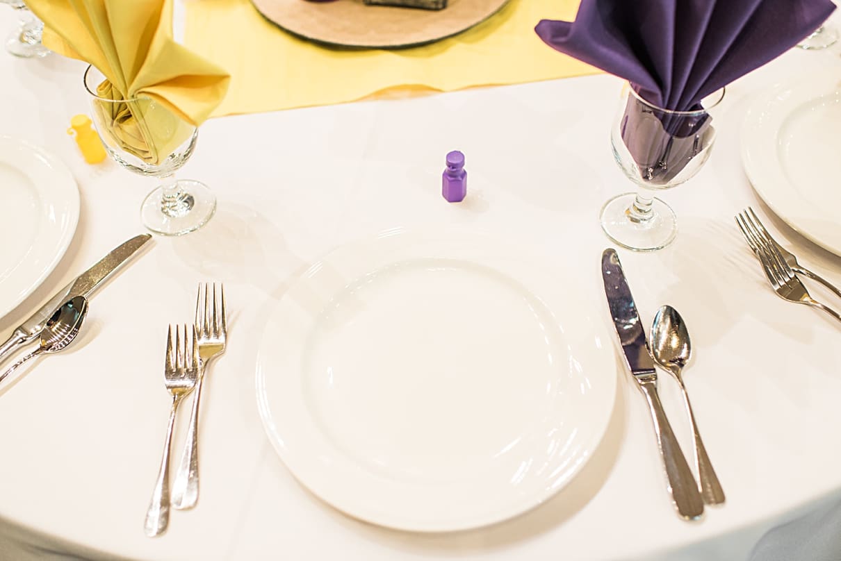 purple and yellow wedding reception details