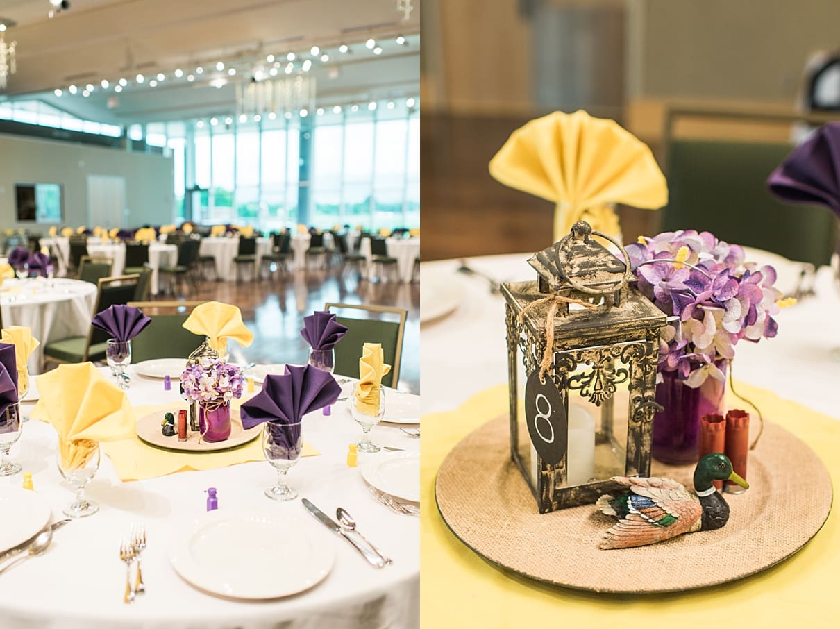 lory student center ballroom wedding reception, purple and yellow wedding reception details, 