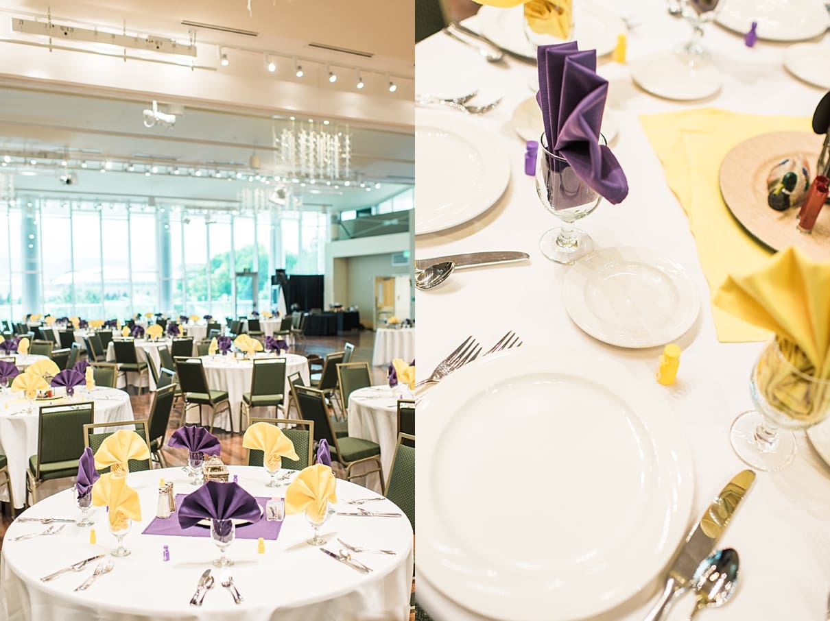 lory student center ballroom wedding reception, purple and yellow wedding reception details, 