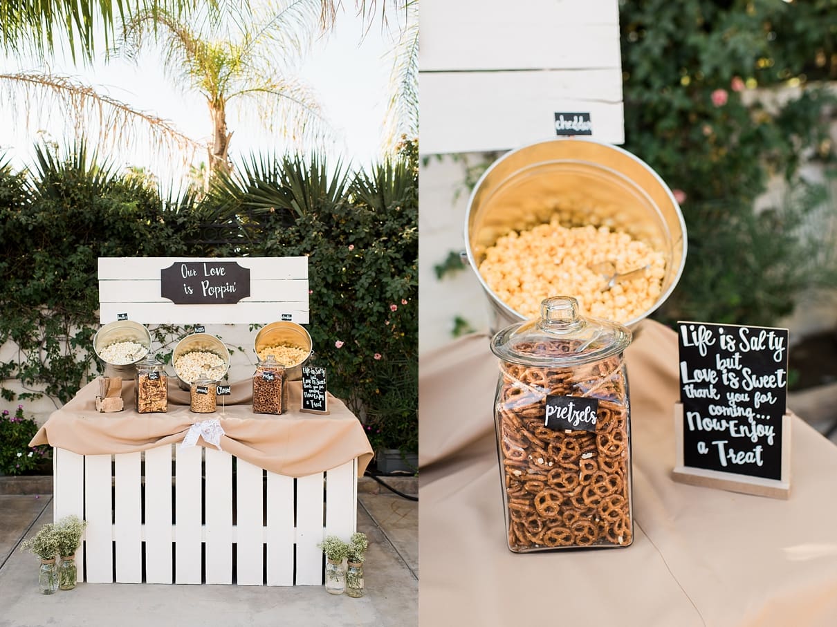 popcorn station wedding, our love is popping, easy DIY food stations at weddings