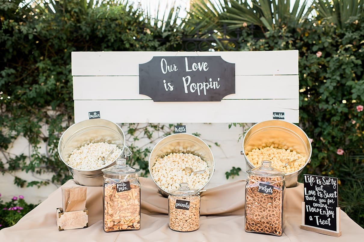 popcorn station wedding, our love is popping, easy DIY food stations at weddings